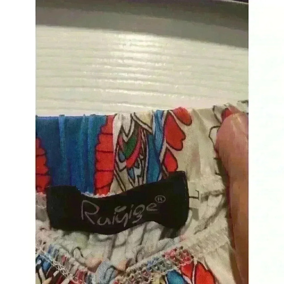 RUIYIGE WOMEN'S LONG SKIRT SIZE LARGE RED GEOMETRIC DESIGN IN BLUE WHITE ACCENT - Picture 4 of 4